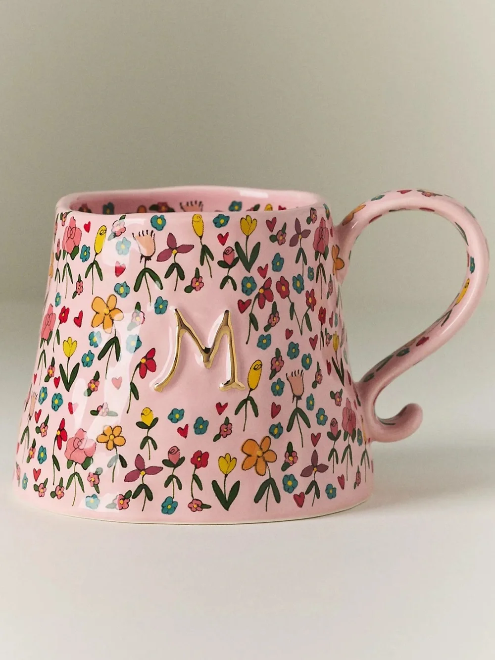 Anthro The Mud Fairy Stoneware 24k Gold Accent Monogram Mug M